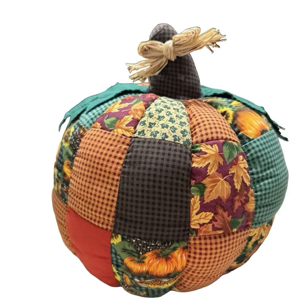 MTY International Co Ltd Large Fabric Patchwork Pumpkin 12” Fall Halloween Decor
